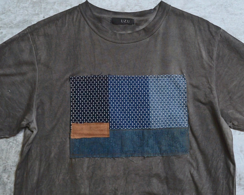 刺し子織パッチアートTシャツ/グレー/和歌山県産 ニット編生地 T