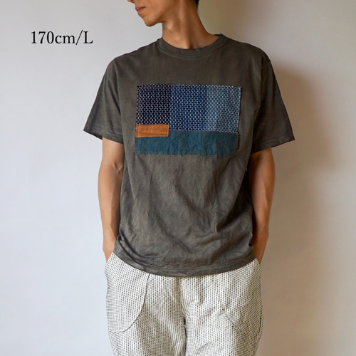 刺し子織パッチアートTシャツ/グレー/和歌山県産 ニット編生地 T