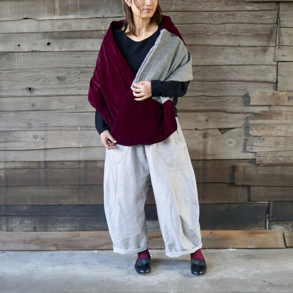 “新年福袋”Snood Poncho/Tweed &amp; Velor Bordeaux + Single Sashiko B 第1張的照片