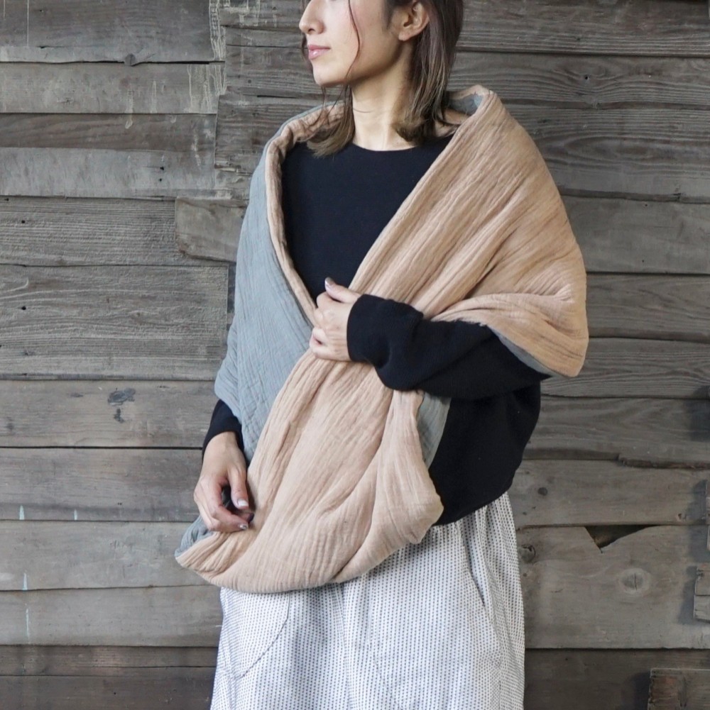 スヌードポンチョ/ベージュカーキ/三河織物ガーゼ