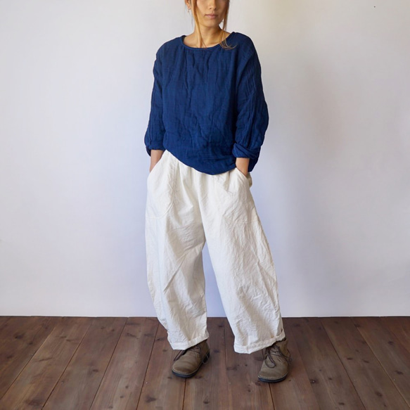 『福袋』寬鬆薄紗T/靛藍+燈籠褲/象牙白 第1張的照片