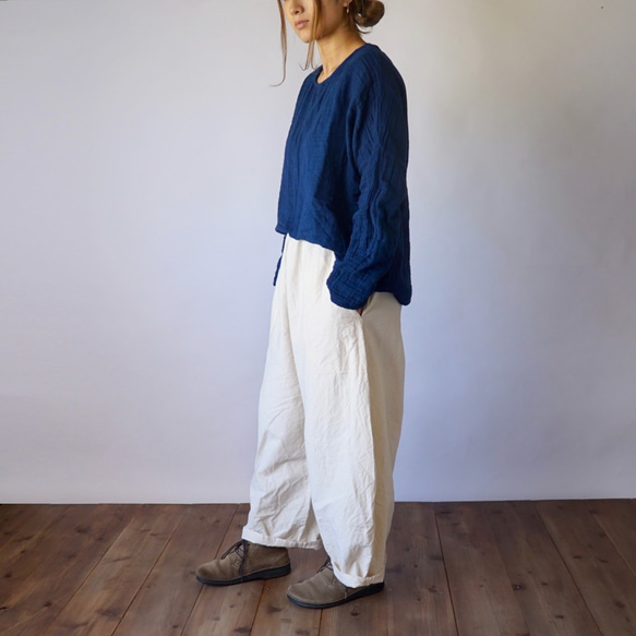 『福袋』寬鬆薄紗T/靛藍+燈籠褲/象牙白 第3張的照片