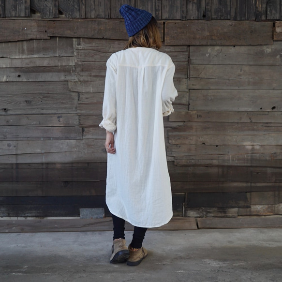 「福袋」無領薄紗襯衫連衣裙/原色+日本紙針織帽2件套 第3張的照片
