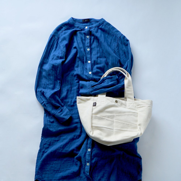 【福袋】無領紗質襯衫裙/藍色+日常手提袋/本色 第1張的照片