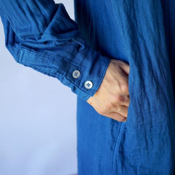 【福袋】無領紗質襯衫裙/藍色+日常手提袋/本色 第8張的照片