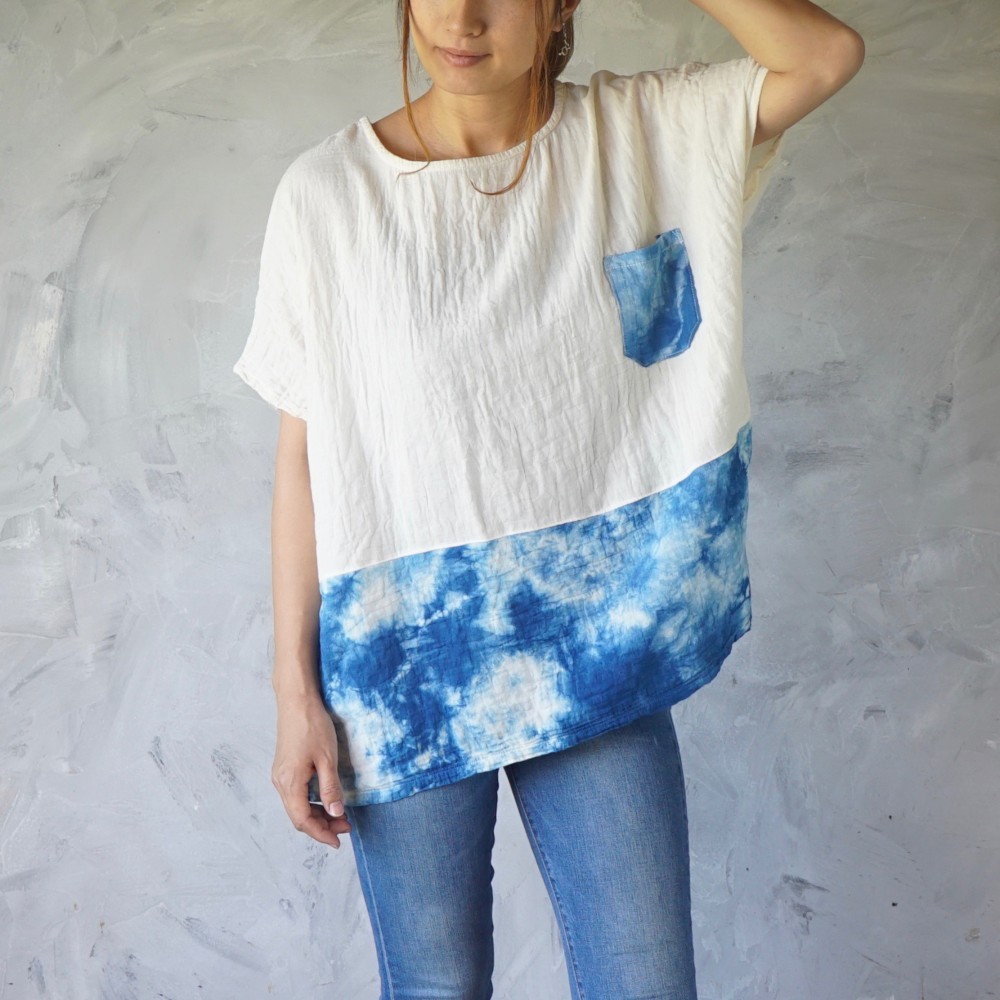 ゆったりガーゼTシャツ/ツートンまだらインディゴ/知多木綿 ダブルガーゼ