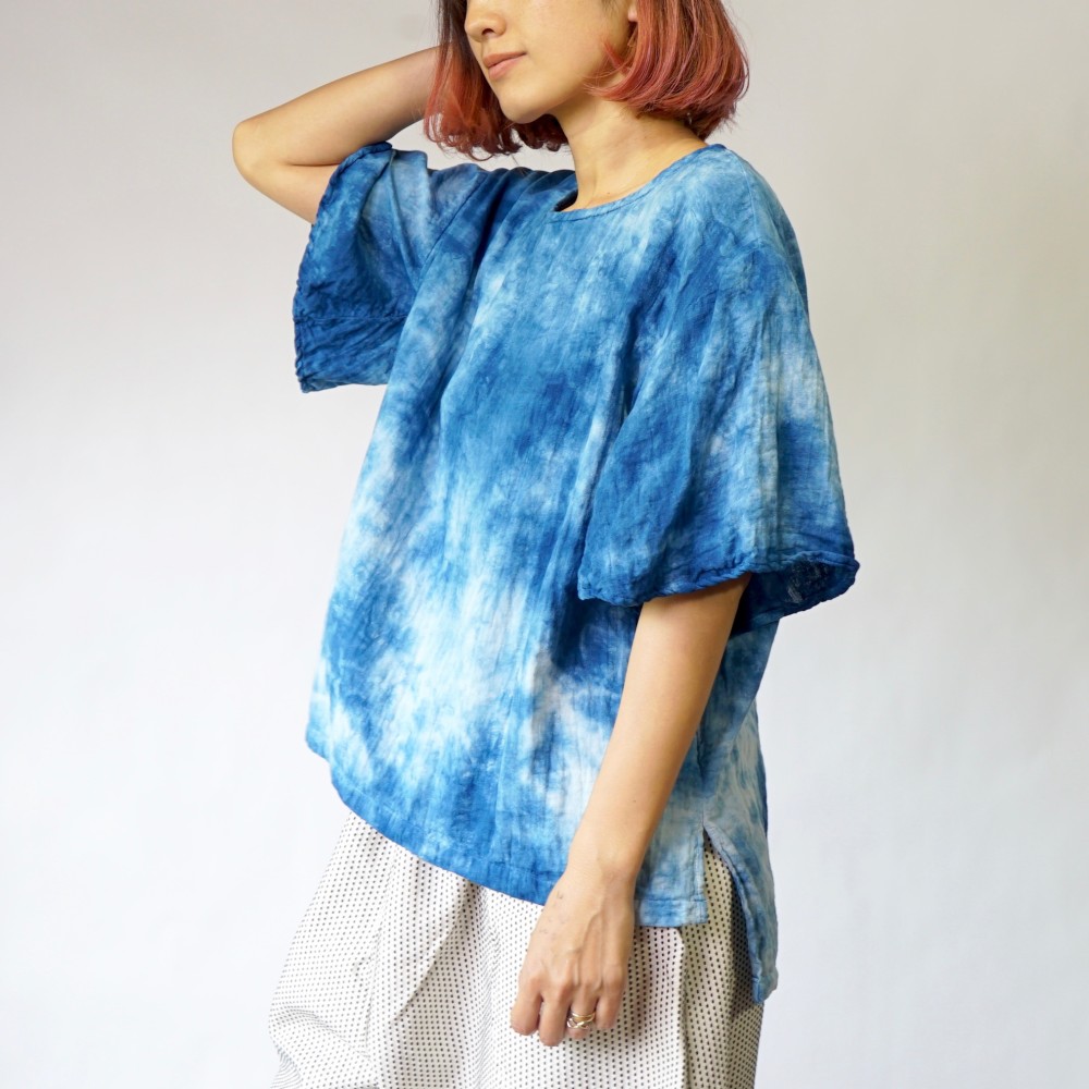 フレアスリーブ ガーゼTシャツ/ブルーまだら/三河織物ダブルガーゼ