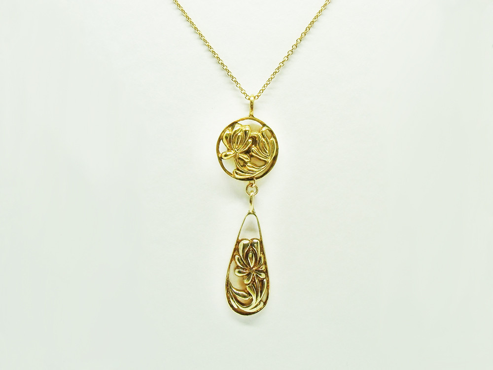 【送料無料】ハンガリーの刺繍モチーフ丸としずくの華やか揺れるネックレスYG plated