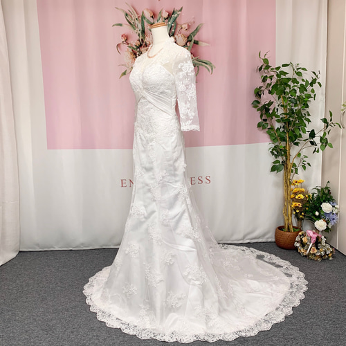 レース、マーメイドドレス、ウェディングドレス、7分袖、Vネック  