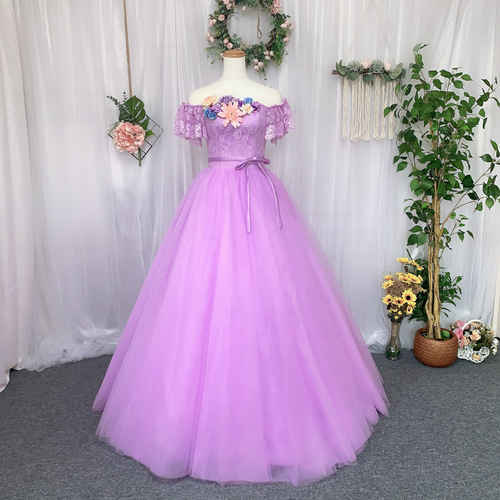 パープル カラードレス ウェディングドレス オフショルダー お花付き 