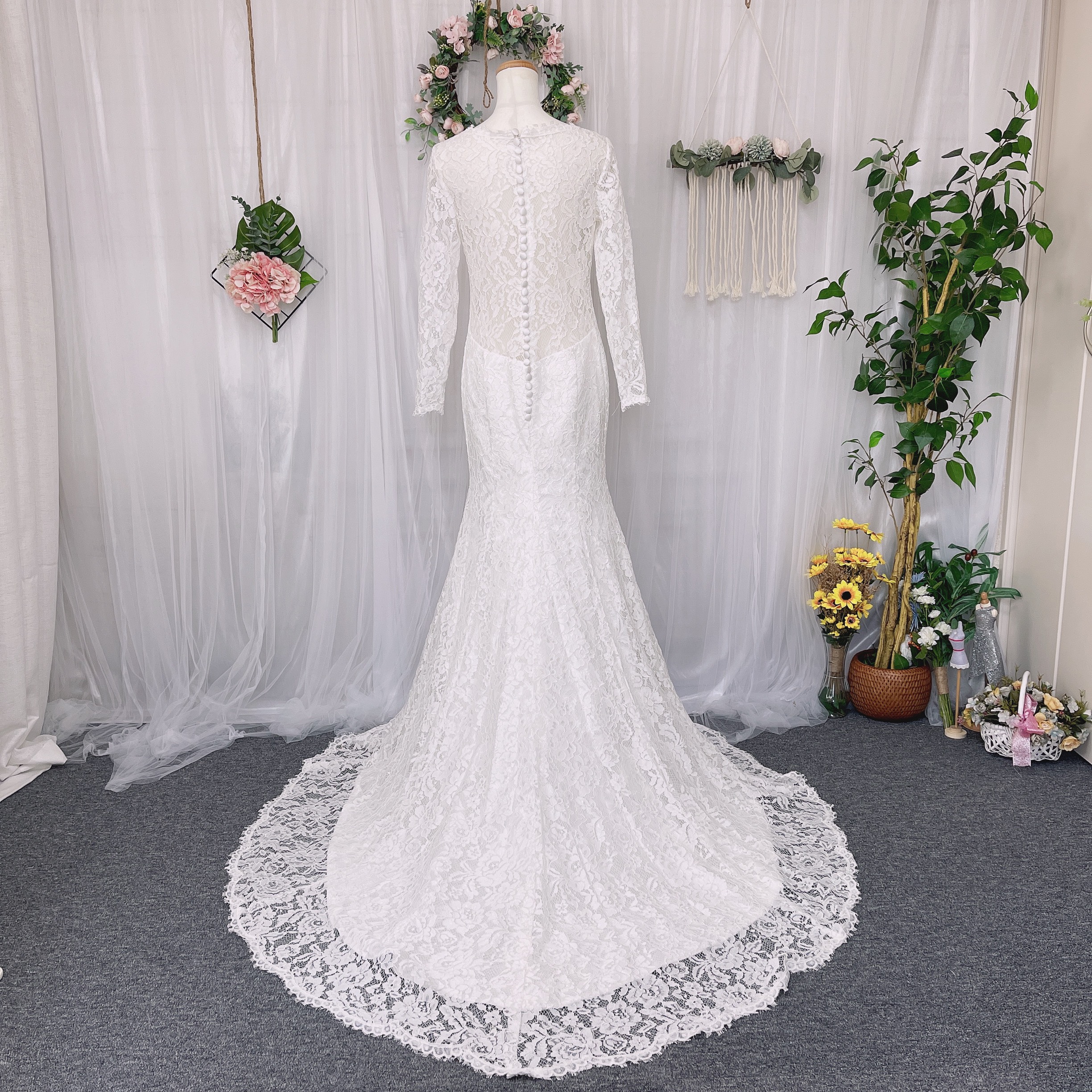 総レース　マーメイドドレス　長袖　くるみボタン　ウェディングドレス　二次会　前撮り　オーダーメイド　ドレス