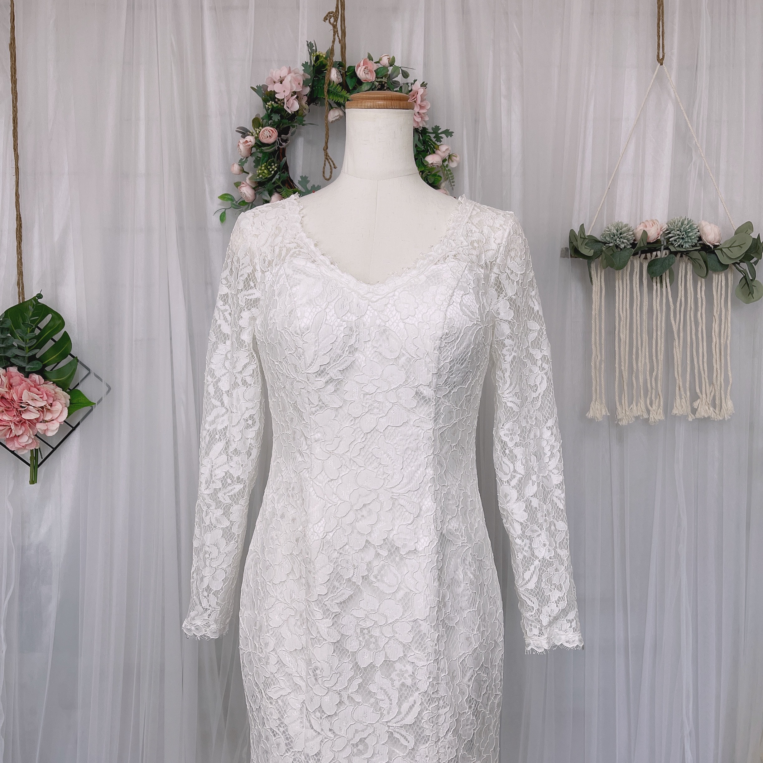 総レース　マーメイドドレス　長袖　くるみボタン　ウェディングドレス　二次会　前撮り　オーダーメイド　ドレス