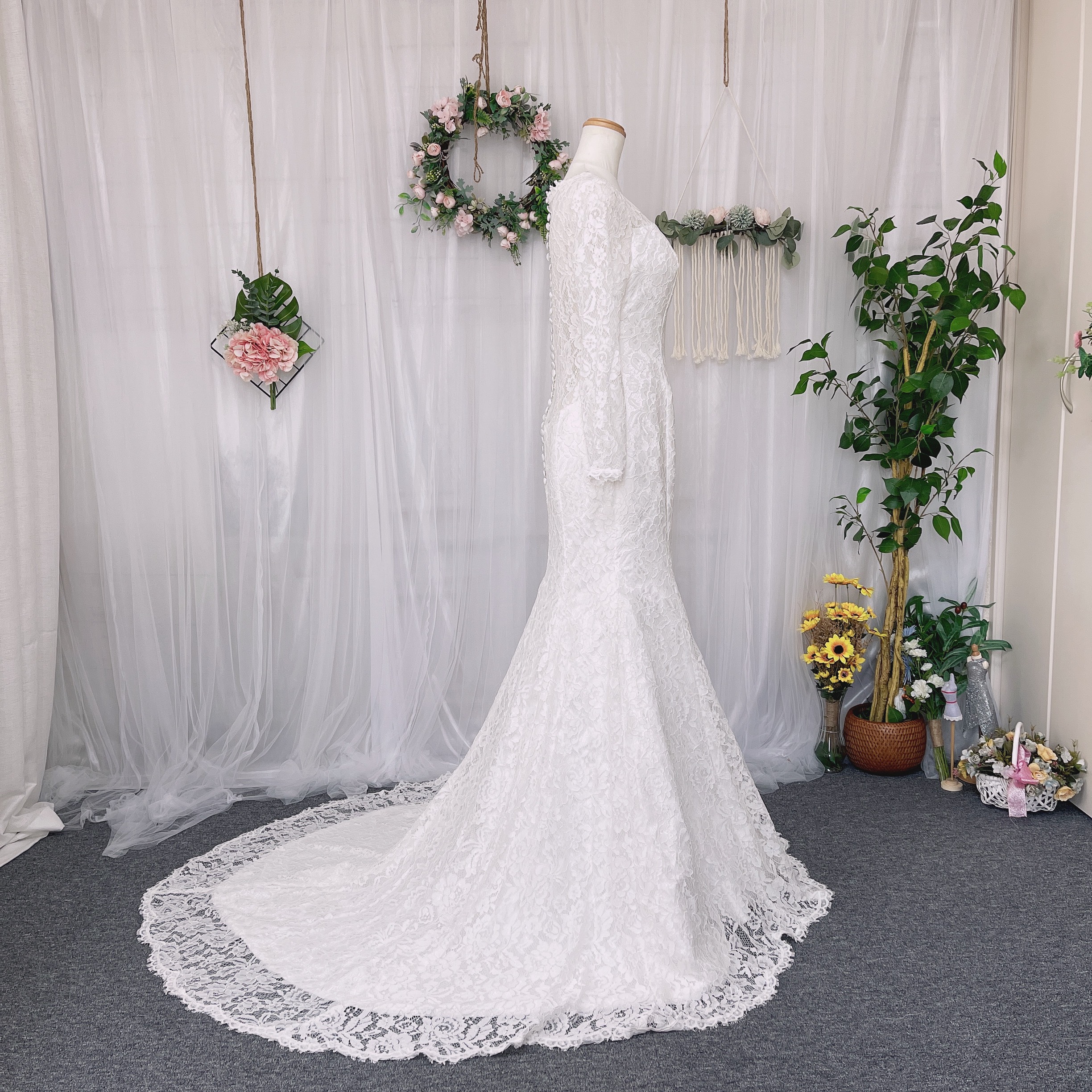 総レース　マーメイドドレス　長袖　くるみボタン　ウェディングドレス　二次会　前撮り　オーダーメイド　ドレス