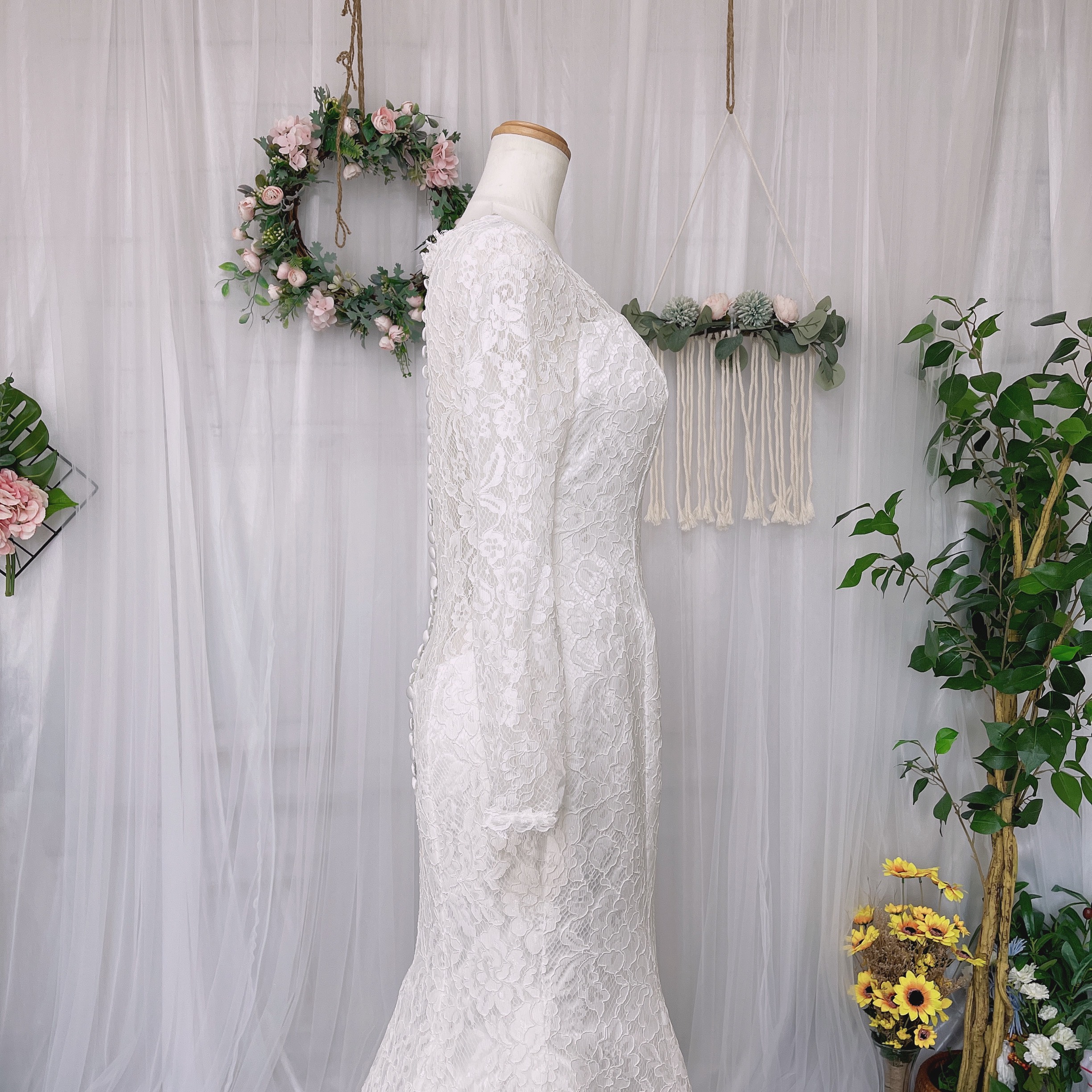 総レース　マーメイドドレス　長袖　くるみボタン　ウェディングドレス　二次会　前撮り　オーダーメイド　ドレス