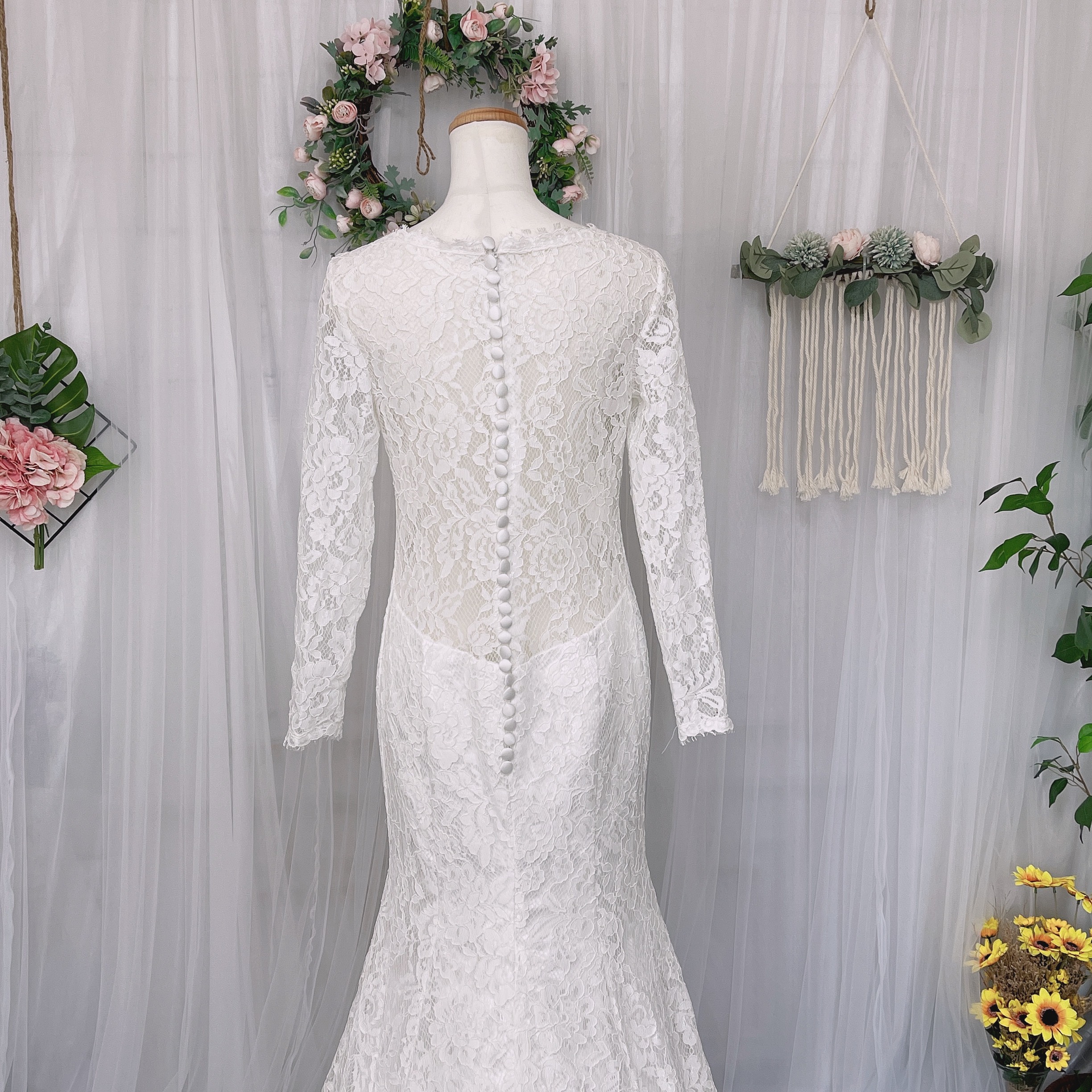 総レース　マーメイドドレス　長袖　くるみボタン　ウェディングドレス　二次会　前撮り　オーダーメイド　ドレス