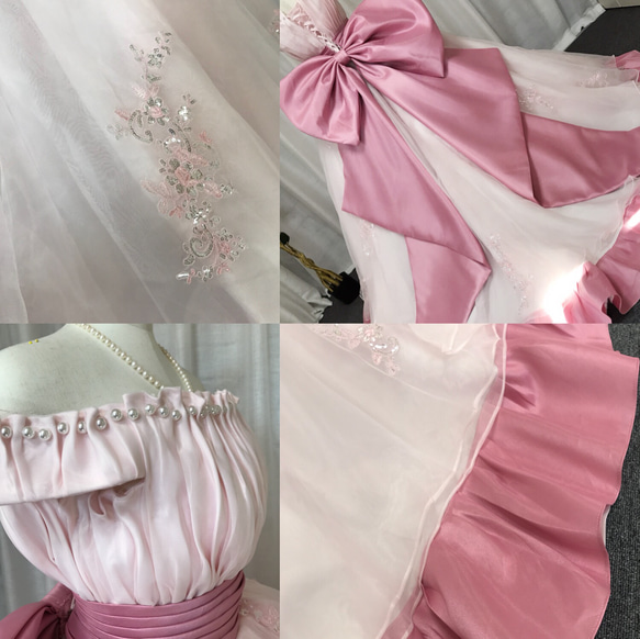バックリボン付け、ピンクのウェディングドレス、高級なサテン素材 5枚目の画像