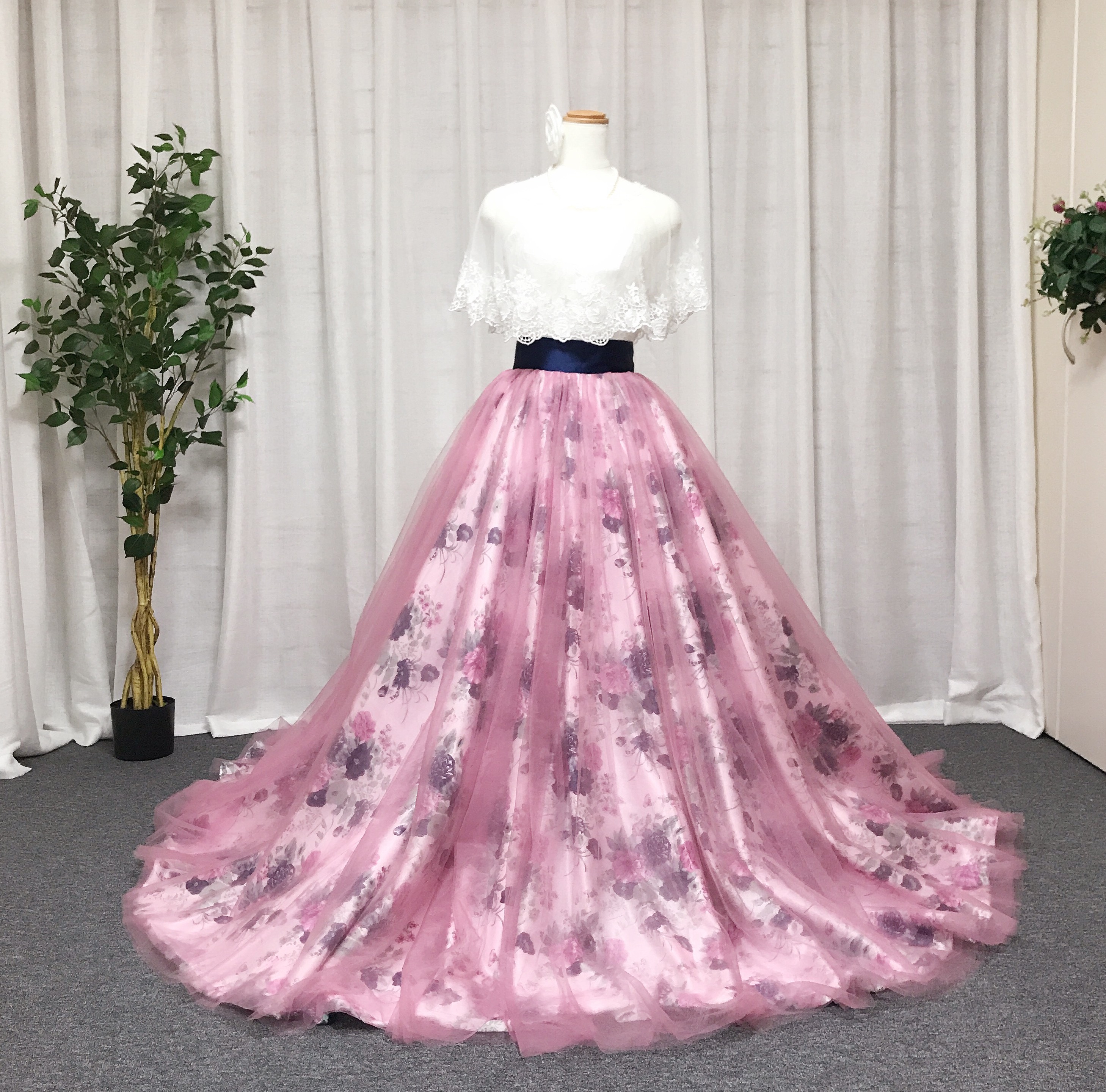 ラメ花柄ブルードレス表布 オーバースカート