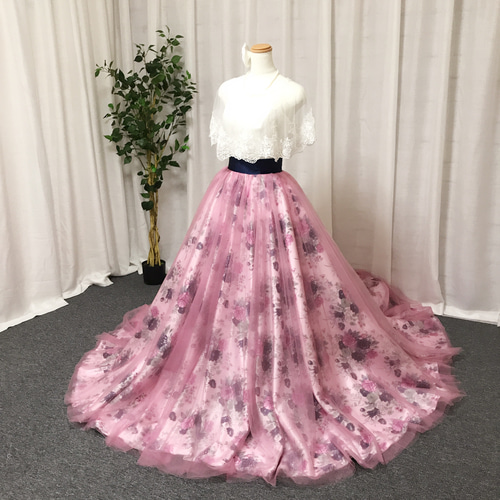 ウェディングドレス用 オーバースカート ピンク お花 チュール 花柄のオーバースカート、チュールオーバースカート、ドレスの
