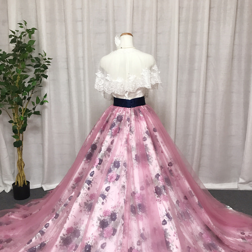 ウェディングドレス オーバースカート 花 ピンクお色直し ラメ