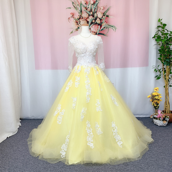 黄色チェック柄　カラードレス 高品質！イエロー カラードレス チェック生地 取り外し袖 編み上げ 拳