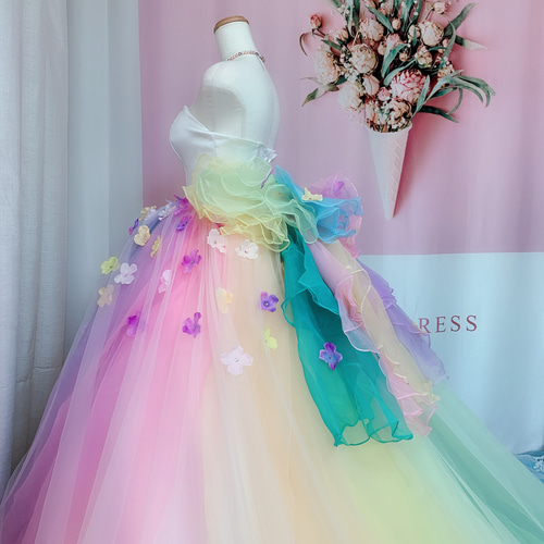 レース、お花付き，レインボーカラーオーバースカート，パックリボン 