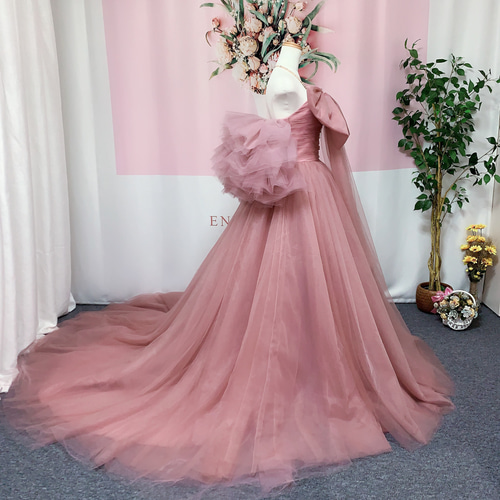 総チュール素材、パックリボン、ウェディングドレス、カラードレス