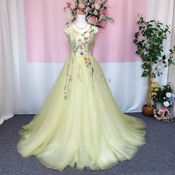 刺繍花オーバードレス、ウェディングドレスの色直し、緑 ドレス