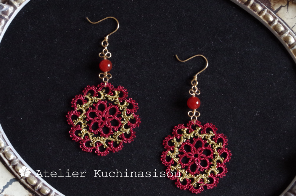 【受注製作】メタリック糸のタティングレースとカーネリアンのピアス