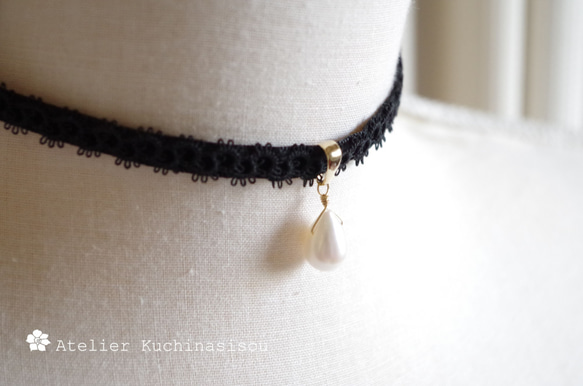 【訂做】梭織蕾絲天鵝絨絲帶choker &lt;Drop Pearl&gt; 第1張的照片