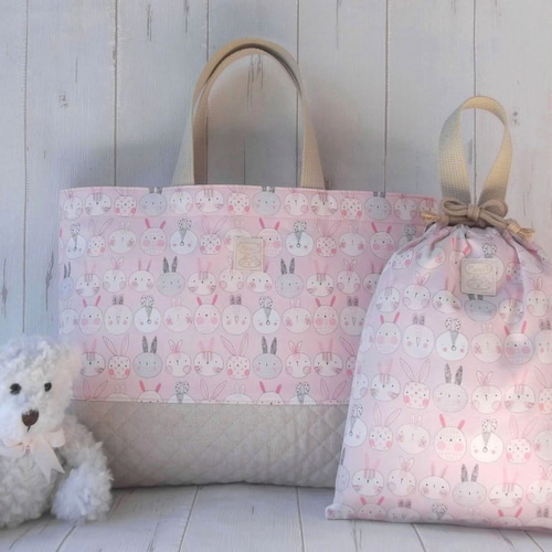 うさぎのおトクな2点セット 大きめレッスンバッグ45×35+上履き用