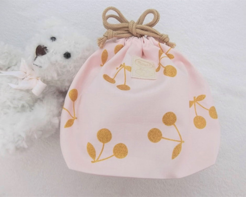 【受注制作】お弁当袋　フリルつき　ストライプさくらんぼ　チェリー 受注制作】お弁当袋 フリルつき ストライプさくらんぼ チェリー