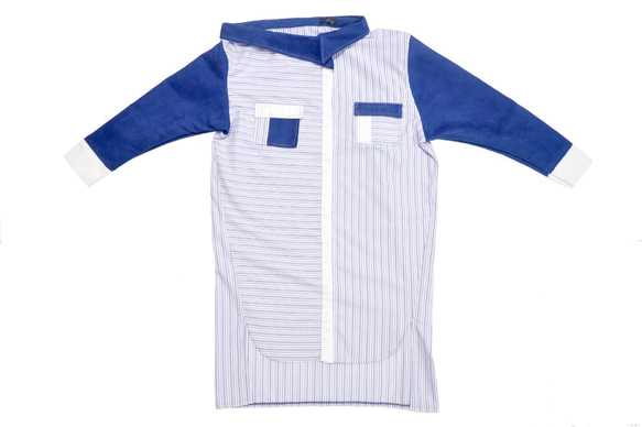 L0006_斜肩水絨絲長版襯衫（藍） 第7張的照片