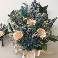 受注製作 ブルー紫陽花のブーケ・ブートニアセット プリザーブドフラワー ドライフラワー 6枚目の画像