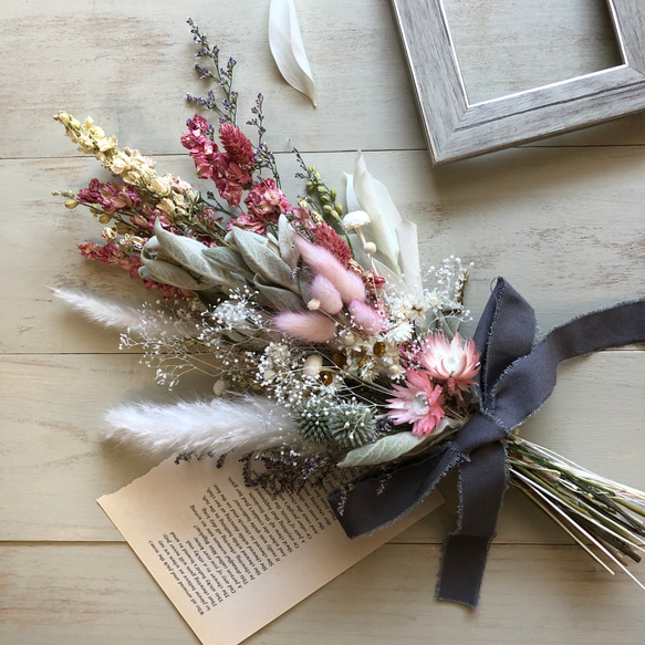 ピンク＆白 バラとオルレアのドライフラワー スワッグ # 286