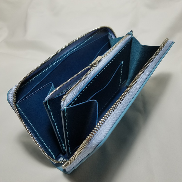 ノブレッサカーフ×ブッテーロ 本革 ラウンドファスナー 財布 金運アップ  ブルー 2枚目の画像