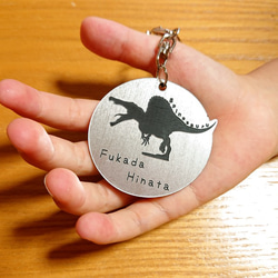 【32】お名前恐竜キーホルダー　裏面はリバティ生地入り♪ 恐竜 キーホルダー 陸の生き物 L サイズ シルエットカット 名
