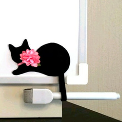 黒猫マグネット(ホワイト 花) 5枚目の画像