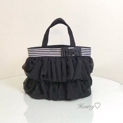 フリルバッグ　ブラック　リボン　トートバッグ　ハンドメイド フリルバッグ♡ストライプ柄リボン トートバッグ Hearty♡ 通販