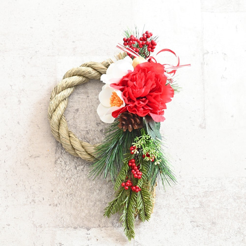 大きな芍薬とお花のしめ縄リース しめ飾り しめ縄リース お正月飾り