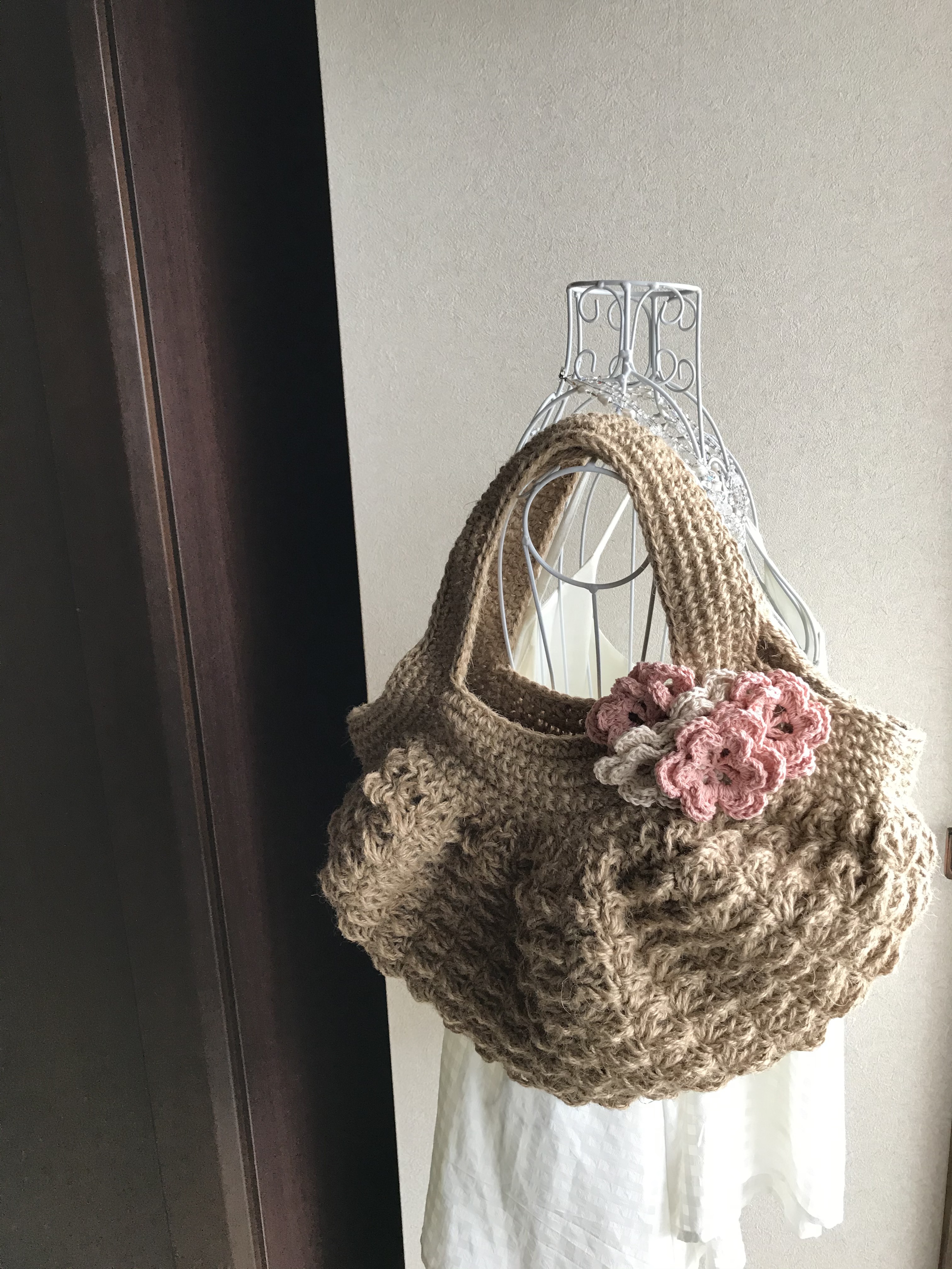 ＊受注制作＊Lsizeお花いっぱいころんっと可愛い麻ひもグラニーバッグ＊かごバッグ＊お花＊カゴバック＊