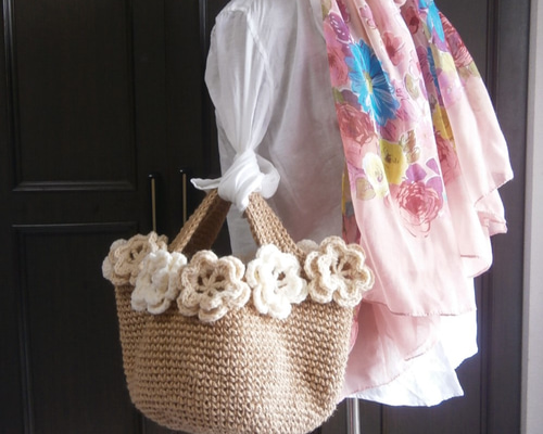 受注制作＊お花いっぱいかごバッグ＊麻ひもバッグ＊麻紐バッグ＊カゴ  