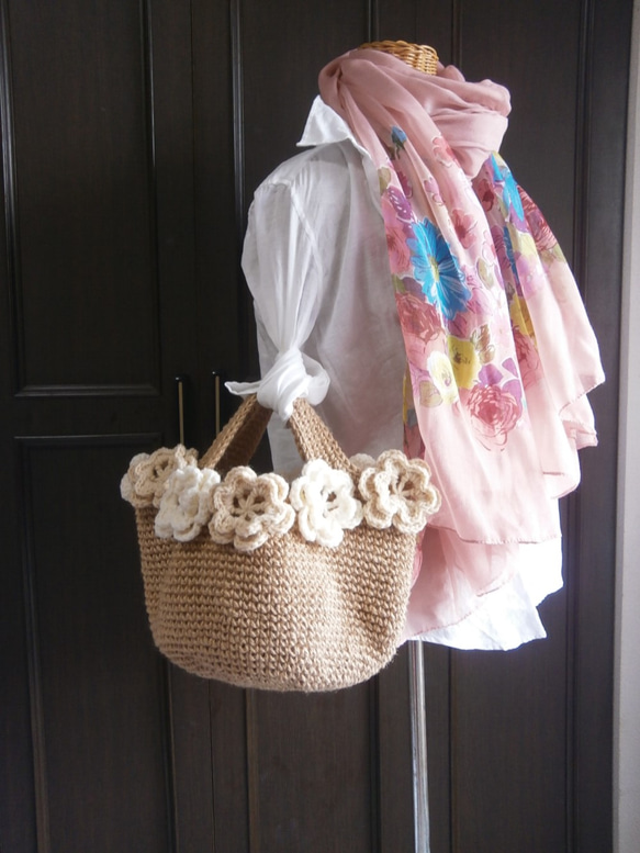 受注制作＊お花いっぱいかごバッグ＊麻ひもバッグ＊麻紐バッグ＊カゴ  