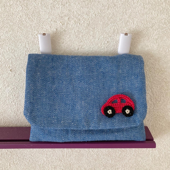 可愛い❤️3D車のかぎ編みモチーフ付きの移動ポケット▪️▪️クリップつき 3枚目の画像