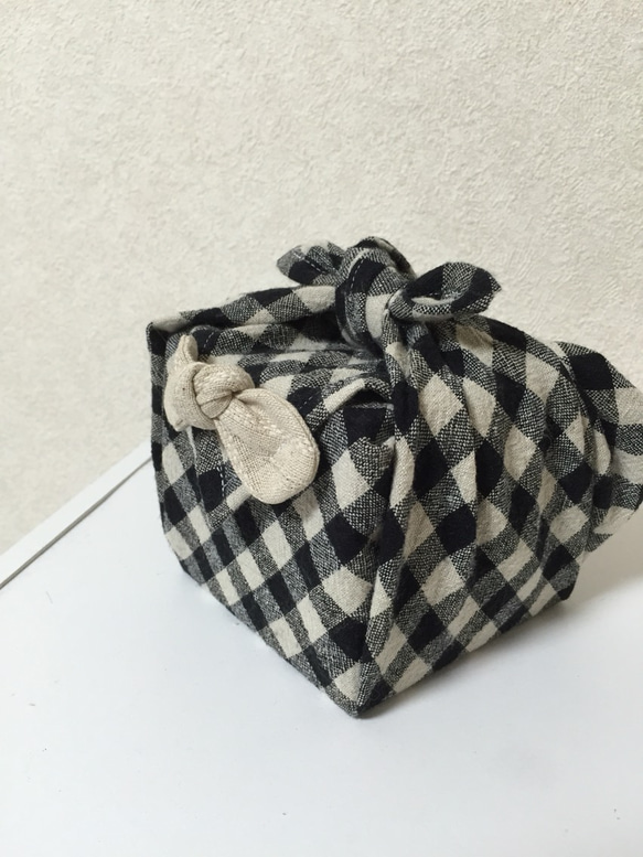 リボン付き cotton linen gingham check 風呂敷ナフキン 2枚目の画像