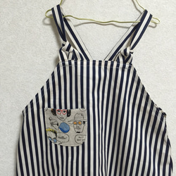 再販✨✨yachiのデザインサロペット☆Navy 細ストライプ⭐️御顔ポッケ付き 2枚目の画像