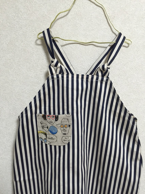 再販✨✨yachiのデザインサロペット☆Navy 細ストライプ⭐️御顔ポッケ付き 2枚目の画像