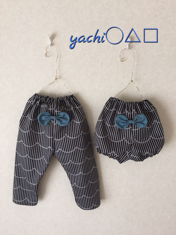 再販★2 way✨✨しましま もくもくふっくらかぼちゃpants リボン付き gray 1枚目の画像