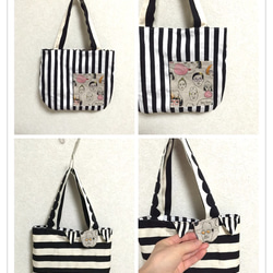 ②reversible ガーランド付き★モノクロ ボーダー×ボーダー ちょっとそこまでbag 5枚目の画像