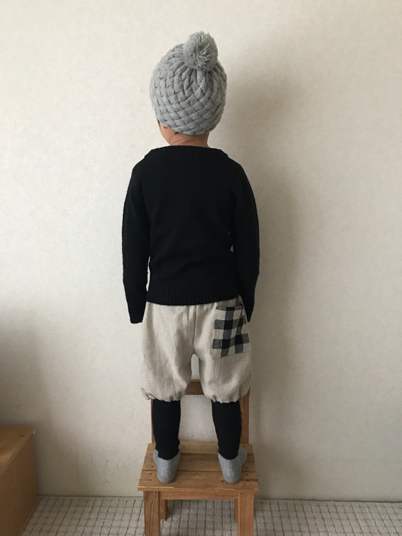 ハーフリネン長め子供ナチュラルかぼちゃパンツ■チェックポケット付き 3枚目の画像