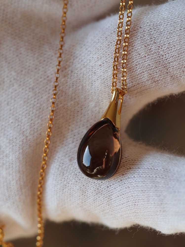 スモーキークォーツ１４　ティアドロップ　S925YG：K14GFチェーンネックレス❀